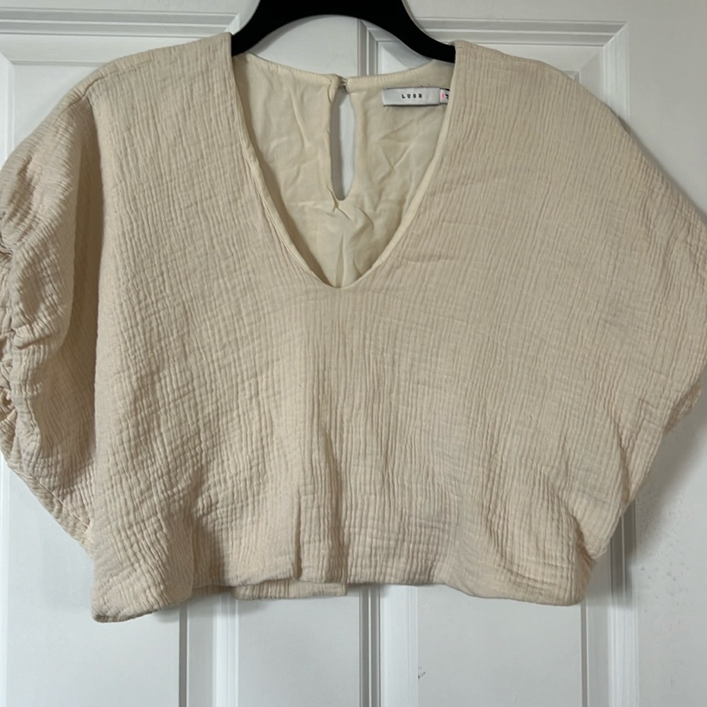 LUSH Ivory cotton cropped top,  puff sleeves,  v neck, loose fit ,very cute on!